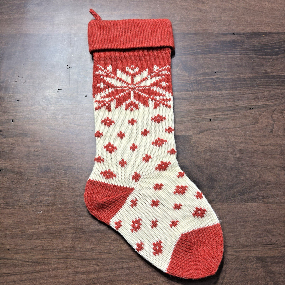 Wool Hand Knit Christmas Stocking Fair Isle Snowflakes Red & Cream Scandi